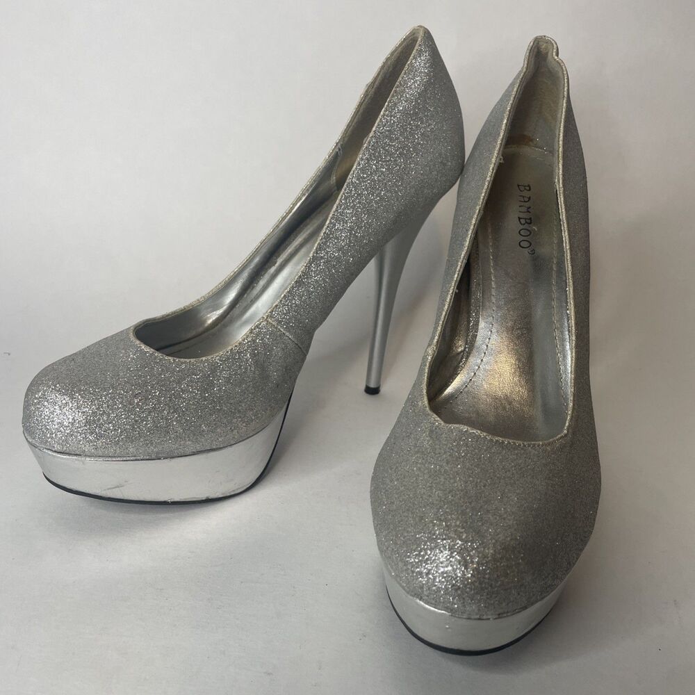 Bambo Ultra High Heels Sparkle Silver Platform Sz 8.5 Stiletto Shoes Women